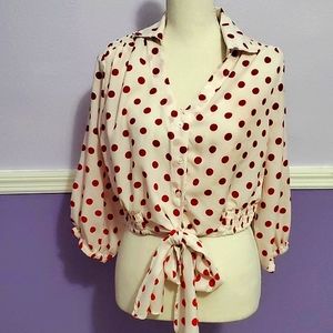 Wishing Waves Cream & Red Polka Dot Tied Waist Button Up Top Picnic Retro L